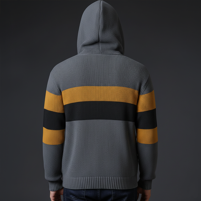 Men's Winter Retro Color Block Cotton Yarn Knitted Hooded Cardigan MTA0356K1P