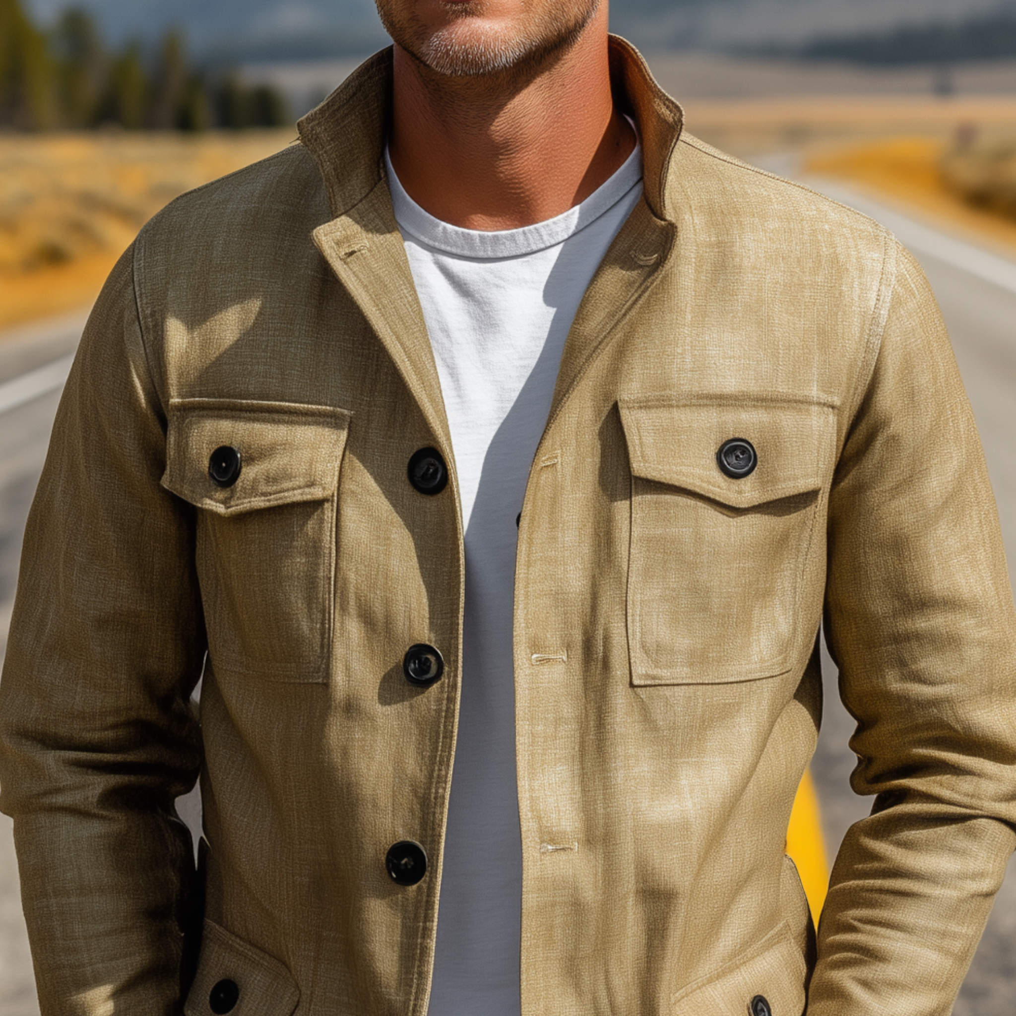 Men's Classic Casual Stand-up Collar Multi-pocket Cotton And Linen Blend Thin Jacket MTA3130G5K