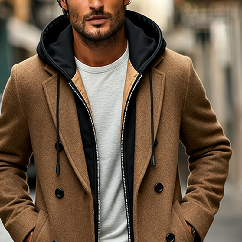 Men's Casual Contrast Color Fake Two-piece Faux Wool Mid-length Coat MTA2477J3X