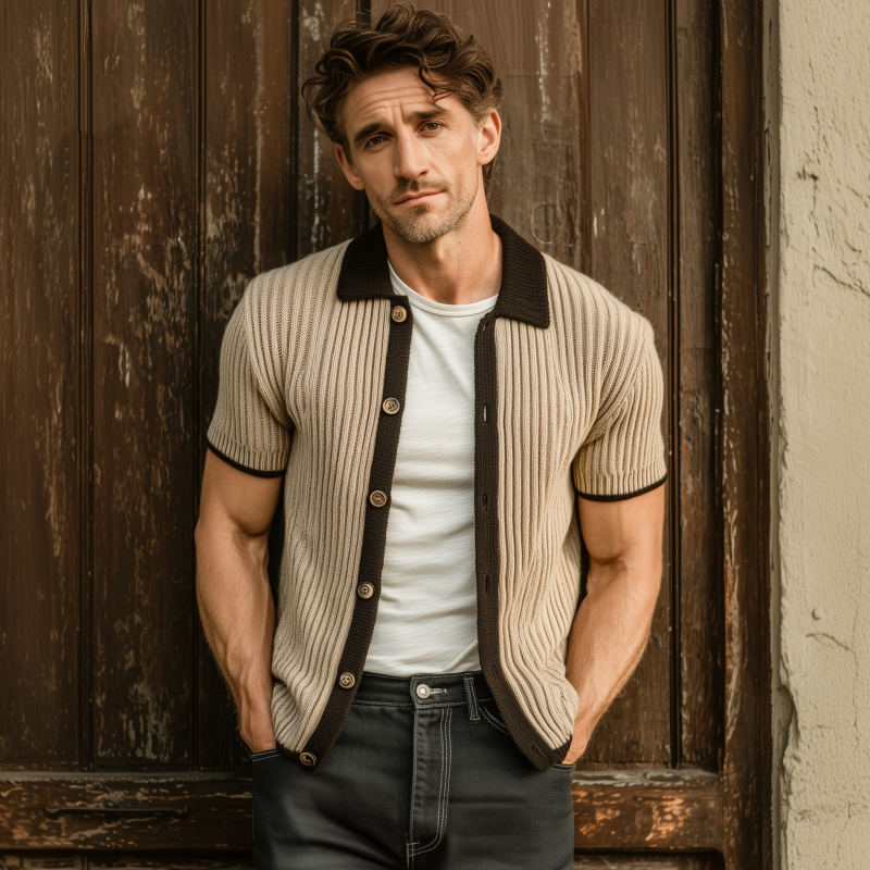 Men's Casual Breathable Contrast Color Lapel Single-breasted Slim Fit Short-sleeved Cardigan MTA2342G5M