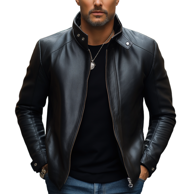 Men's Classic Black Zip-up Slim-fit PU Leather Jacket MTA0698K6U