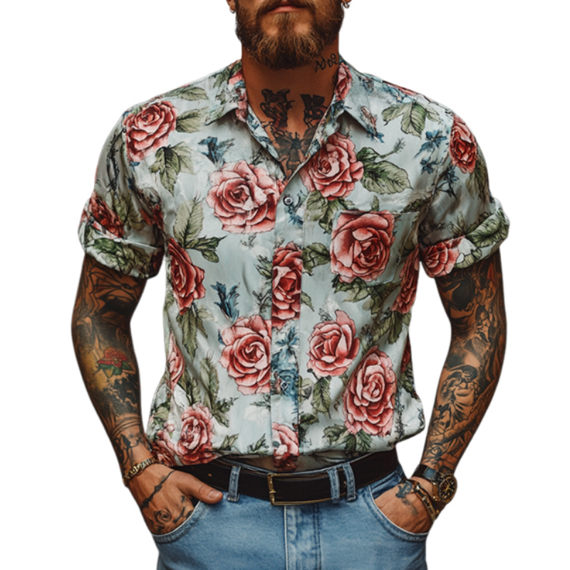 Herreskjorte med kort erme og rosetrykk i retro-stil, casual, MTA2761E2TO