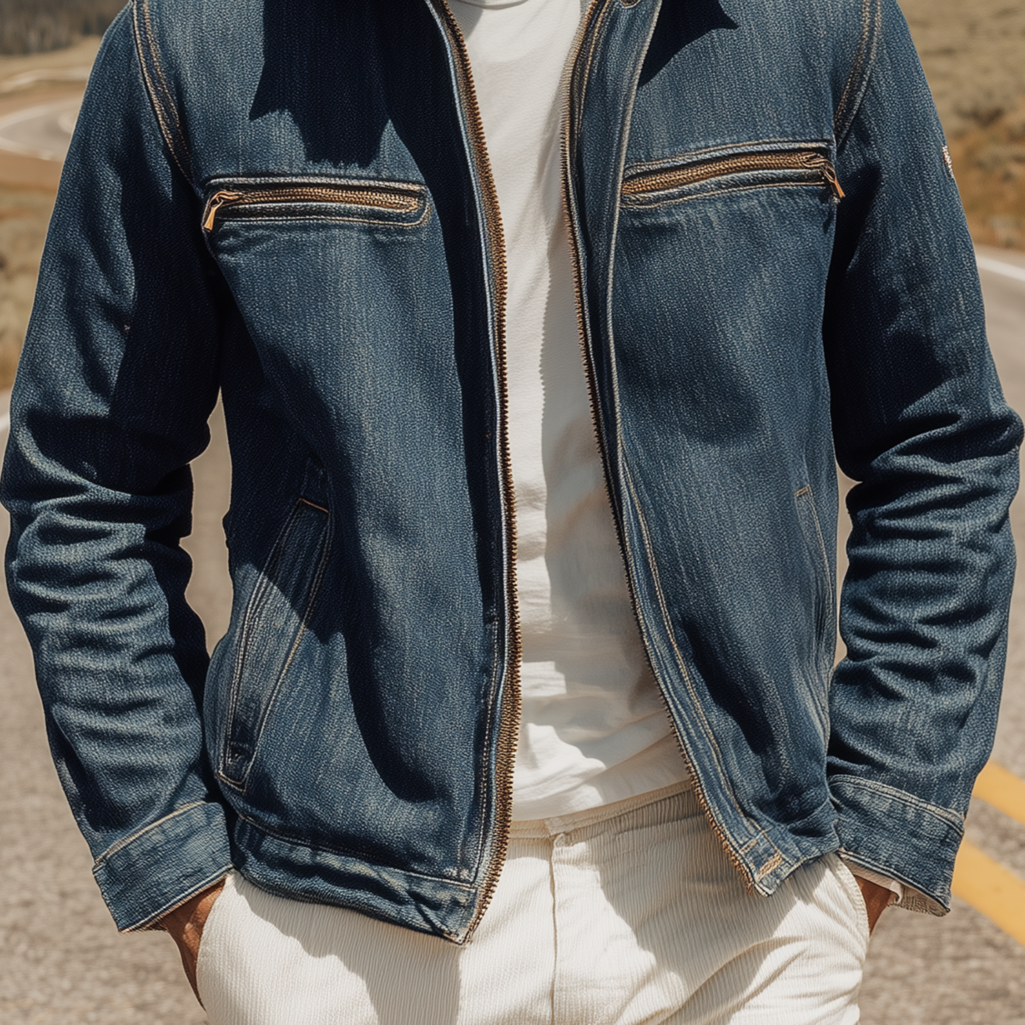 Men's Classic Retro Western Style Corduroy Collar Zipper Denim Washed Jacket MTA0746H7K