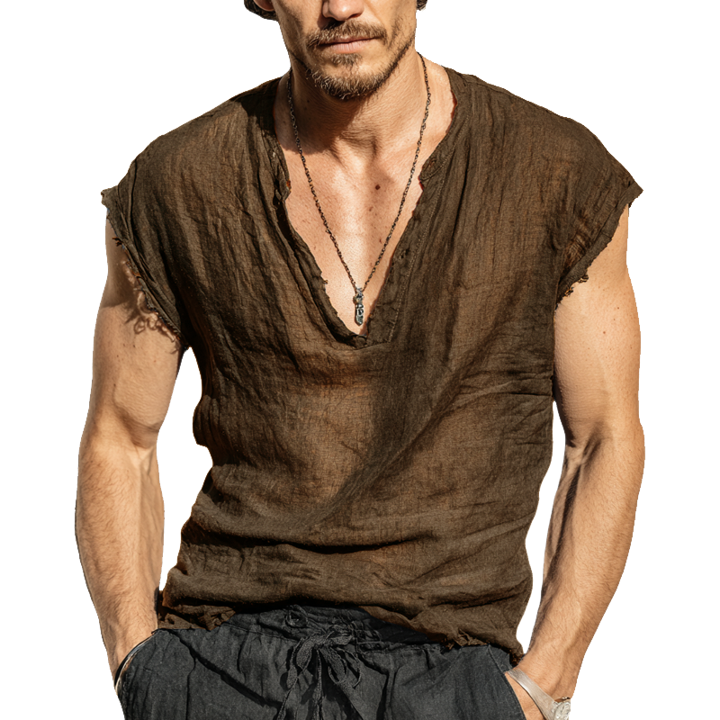 Men's Solid Color Cotton And Linen V-neck Tank Top MTA0250G3X