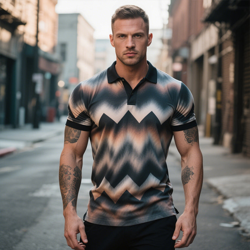 Men's Retro Casual Zigzag Gradient Print Short-Sleeved Polo Shirt MTA2010E9TO