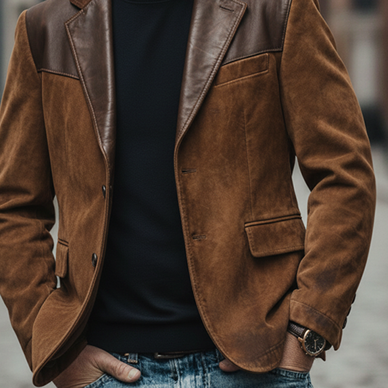 Men's Retro Patchwork Faux Suede Lapel PU Blazer MTA2207K5X