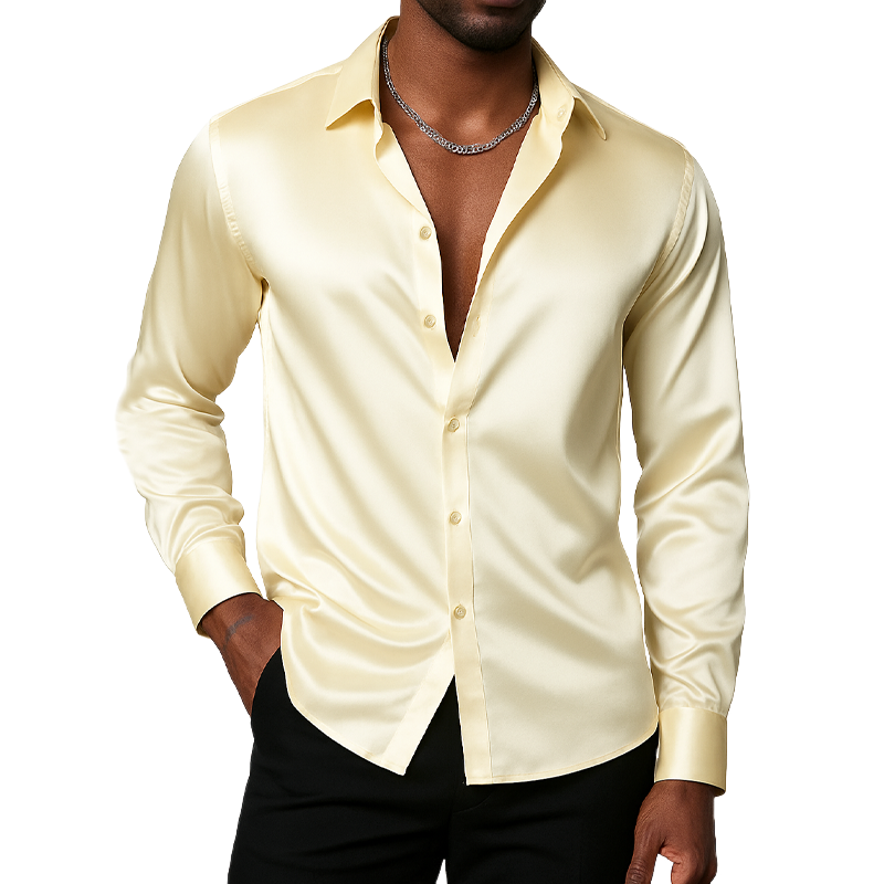 Men's Classic Business Solid Color Satin Long Sleeve Shirt MTA1996G0U