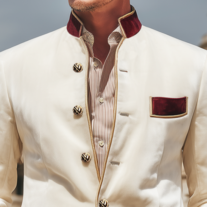 Men's Classic Stand Collar Velvet Colorblock Button Slim Fit Jacket MTA1647I4U