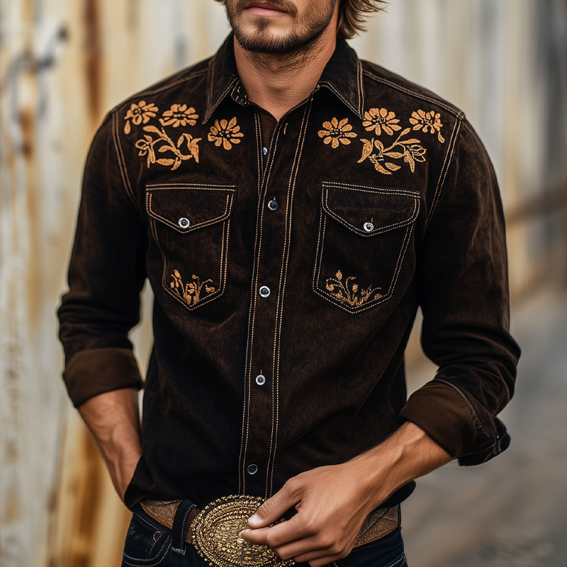 Men's Vintage Western Cowboy Suede Embroidered Long Sleeve Shirt MTA2075H1X