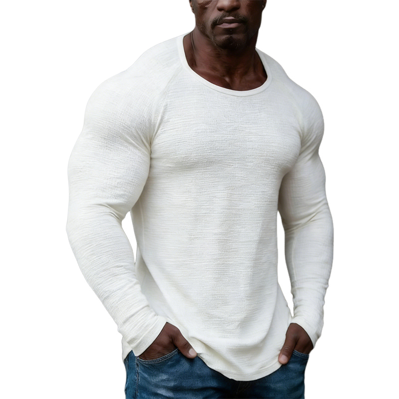 Men's Retro Casual Solid Color Crew Neck Long-Sleeve T-Shirt MTZ1917A6TO