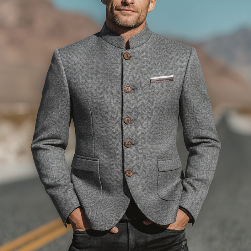 Men's Winter Fashionable Herringbone Faux Wool Stand Collar Jacket MTA2471I5P