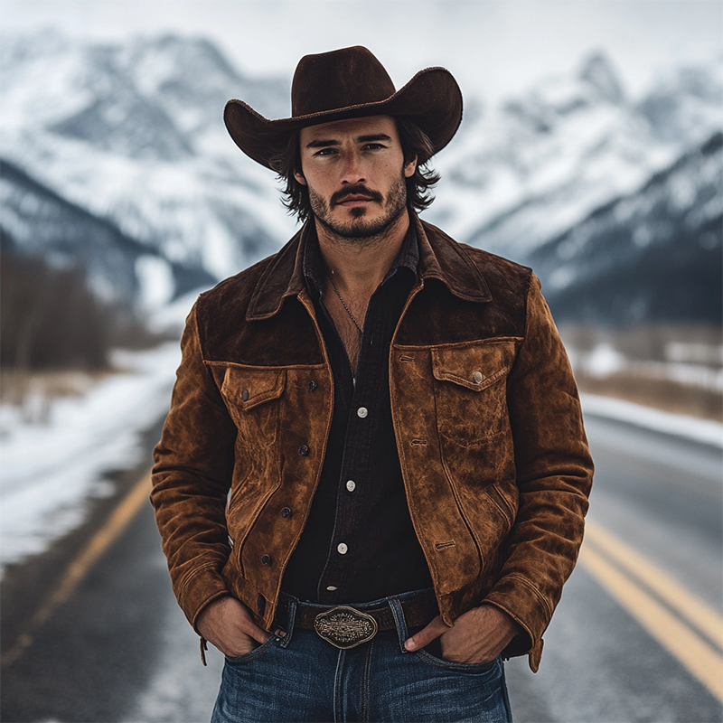 Men's Retro Western Cowboy Style Patchwork Faux Suede Collar Jacket MTA0357K7X