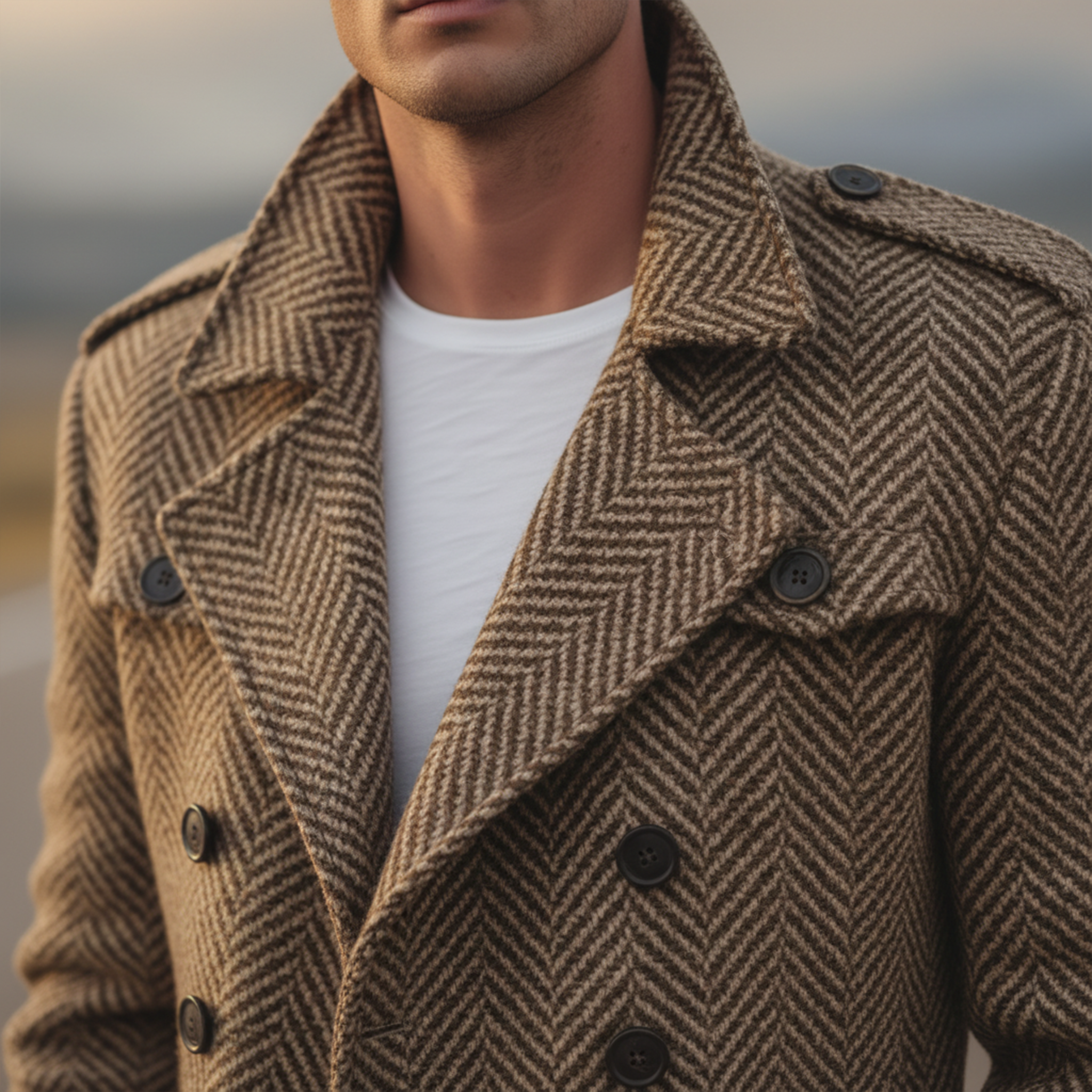 Men's Classic Vintage Western Style Faux Herringbone Wool Double Breasted Jacket MTA2547I6K