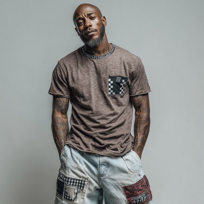 Men's Loose Round Neck Plaid Short Sleeve T-Shirt MTA1940F8X