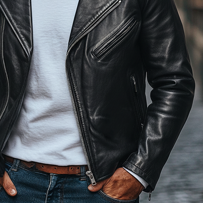 Men's Solid Color Slim Fit Lapel Motorcycle Style PU Zip-up Jacket MTA0520L7X