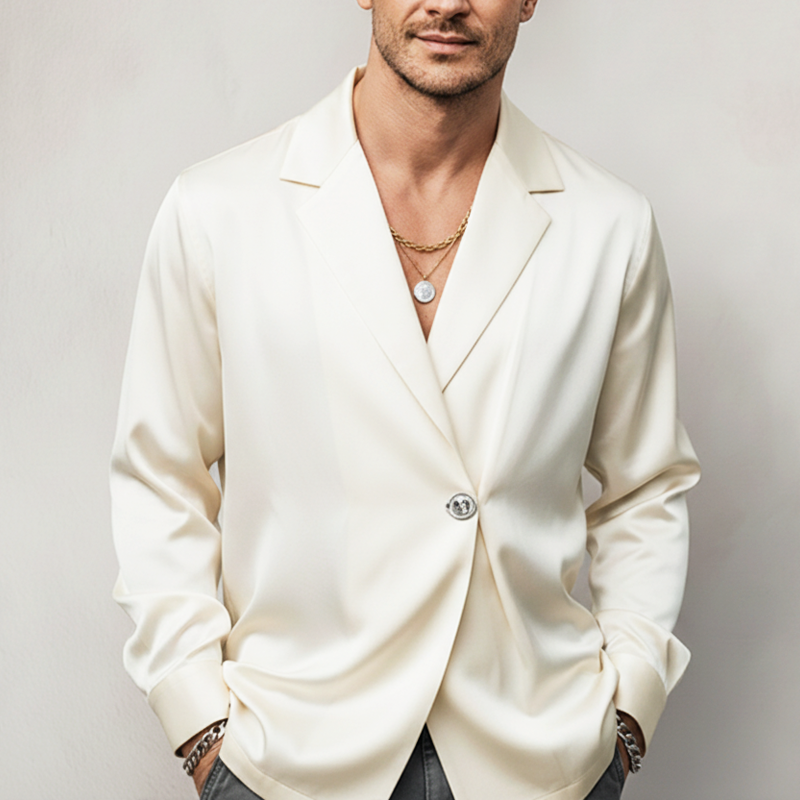 Men's Luxury Acetate Satin Single-button Beige Long-sleeved Shirt MTZ2985A7U