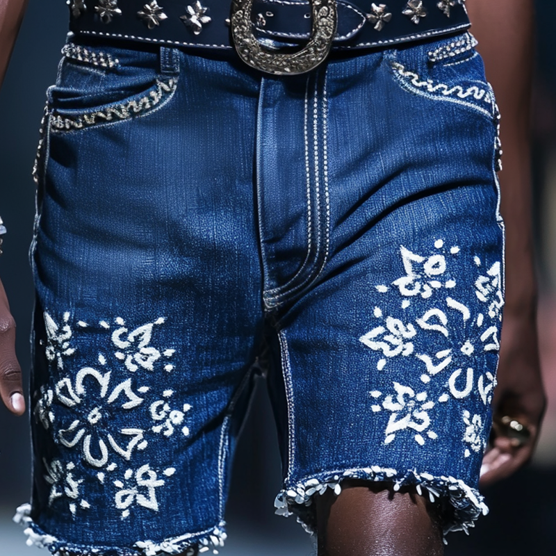 Men'S Fashion Embroidered Straight Denim Shorts MTA0918E4Z