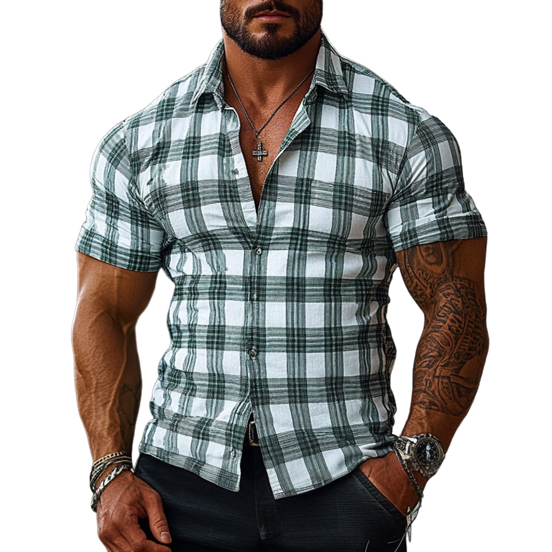 Men's Check Print Short Sleeve Lapel Shirt MTA2255G2X