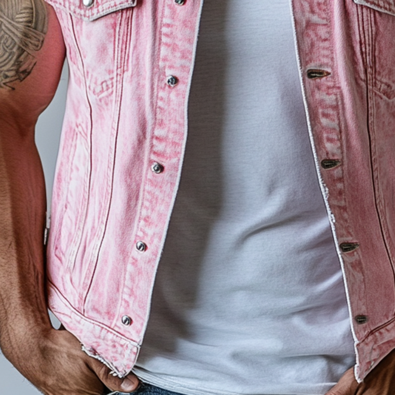 Herrevest med ermeløs krage og enkeltspent, vasket denim MTA1344F1Y
