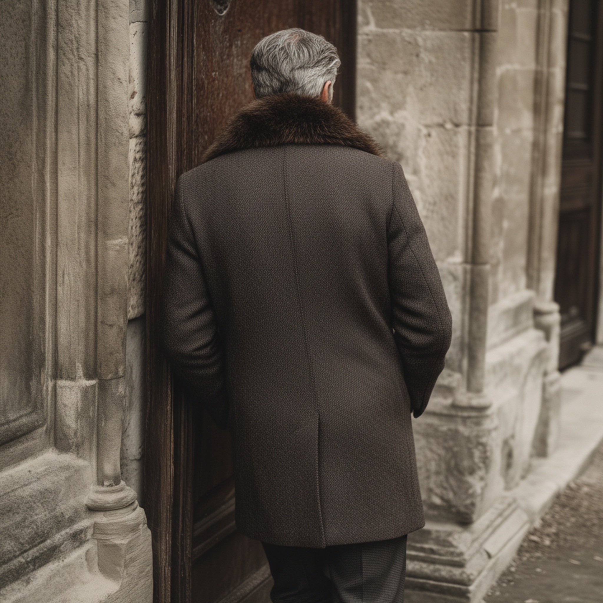 Men's Classic Vintage Faux Herringbone Thigh-Length Coat (Includes Removable Faux Fur Collar) MTA2522I1K