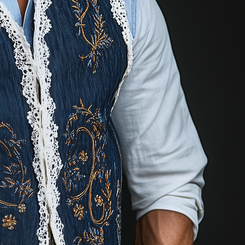Men's Summer Fashion Embroidered Lace Decorated Washed Denim Vest MTA2392F4P