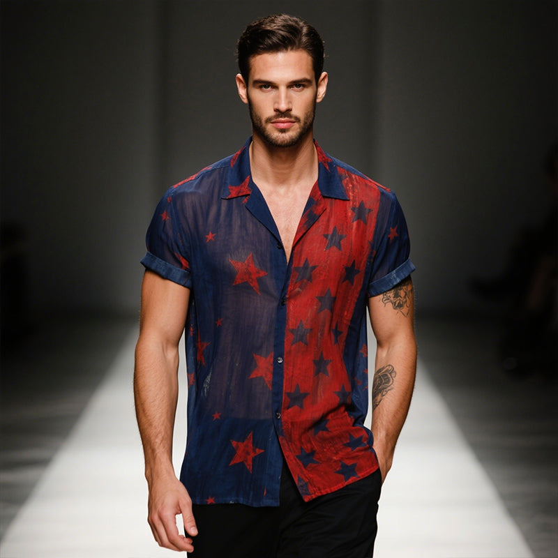 Men's Retro Casual Contrast Print Star Lapel Short Sleeve Shirt MTA2309E7TO