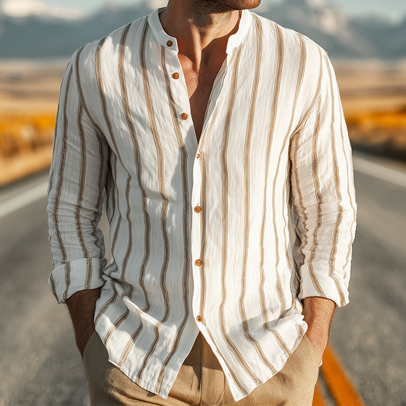 Men's Spring And Summer Classic Casual Stand-up Collar Tencel Cotton Blend Vertical Striped Long-sleeved Shirt MTA1164G9K