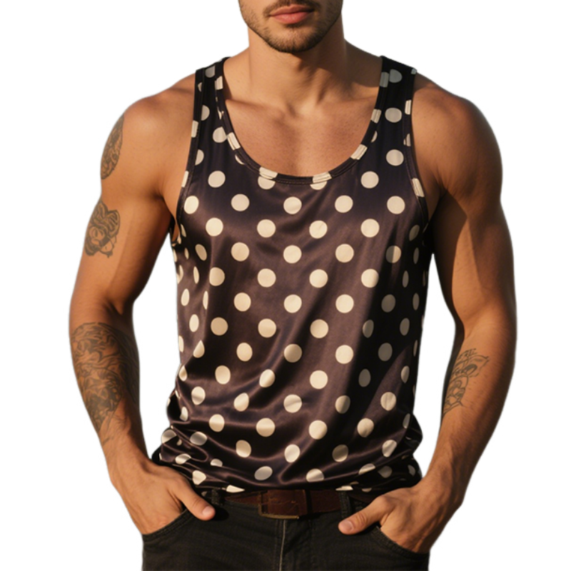 Men's Retro Casual Polka Dot Print Satin Round Neck Tank Top MTA2365E7TO