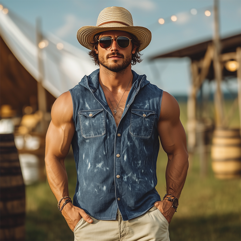Men's Spring And Summer Fashion Casual Washed Denim Distressed Hooded Sleeveless Shirt MTA2447F9K