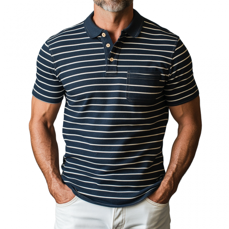 Men's Casual Cotton Striped Colorblock Lapel Patch Pocket Slim Fit Short Sleeve Polo Shirt MTA0981E5M