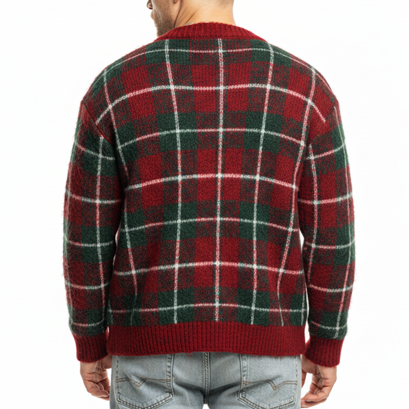 Men's Christmas Color-Blocked Plaid Knit Cardigan MTA1176K9U