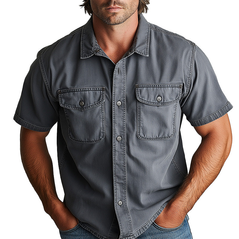 Men's Summer Western Cowboy Style Simple Thin Denim Short-Sleeved Shirt MTA1406E8P