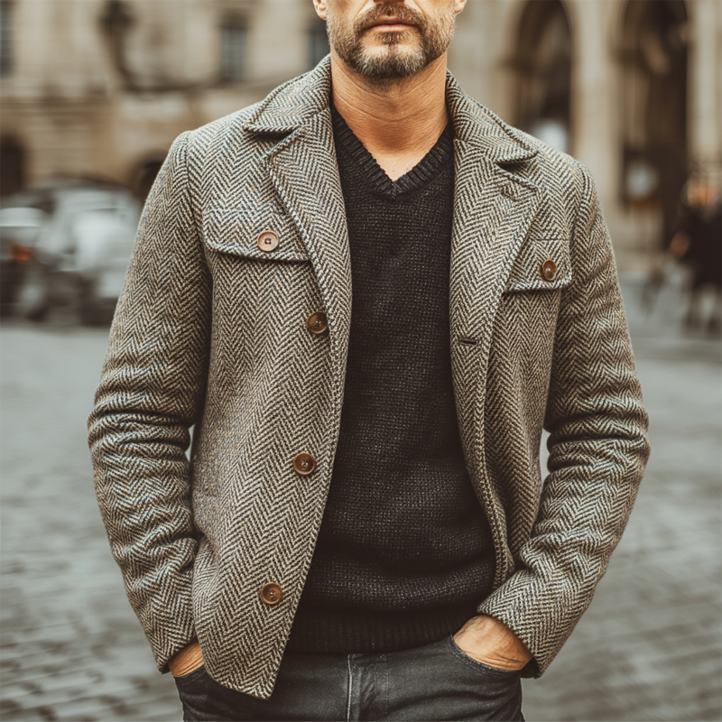 Men's Classic Herringbone Single-vent Faux Wool Jacket MTA3196J0U