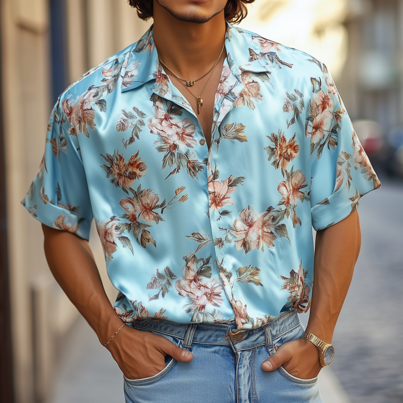 Men's Retro Elegant Flower Print Satin Lapel Loose Short Sleeve Shirt MTA1641F4M