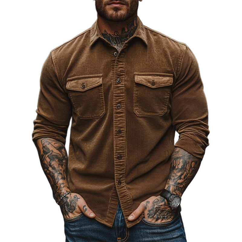 Men's Corduroy Retro Solid Color Long-Sleeve Shirt MTA3046J4X