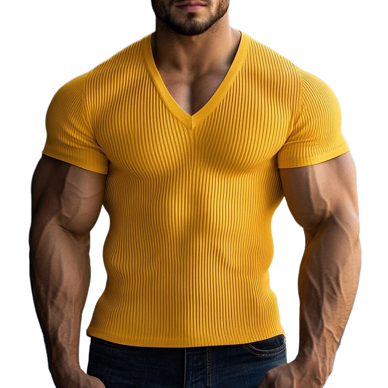 Men's Solid Color V-neck Short-sleeved Knitted Striped T-shirt MTA1956E6X
