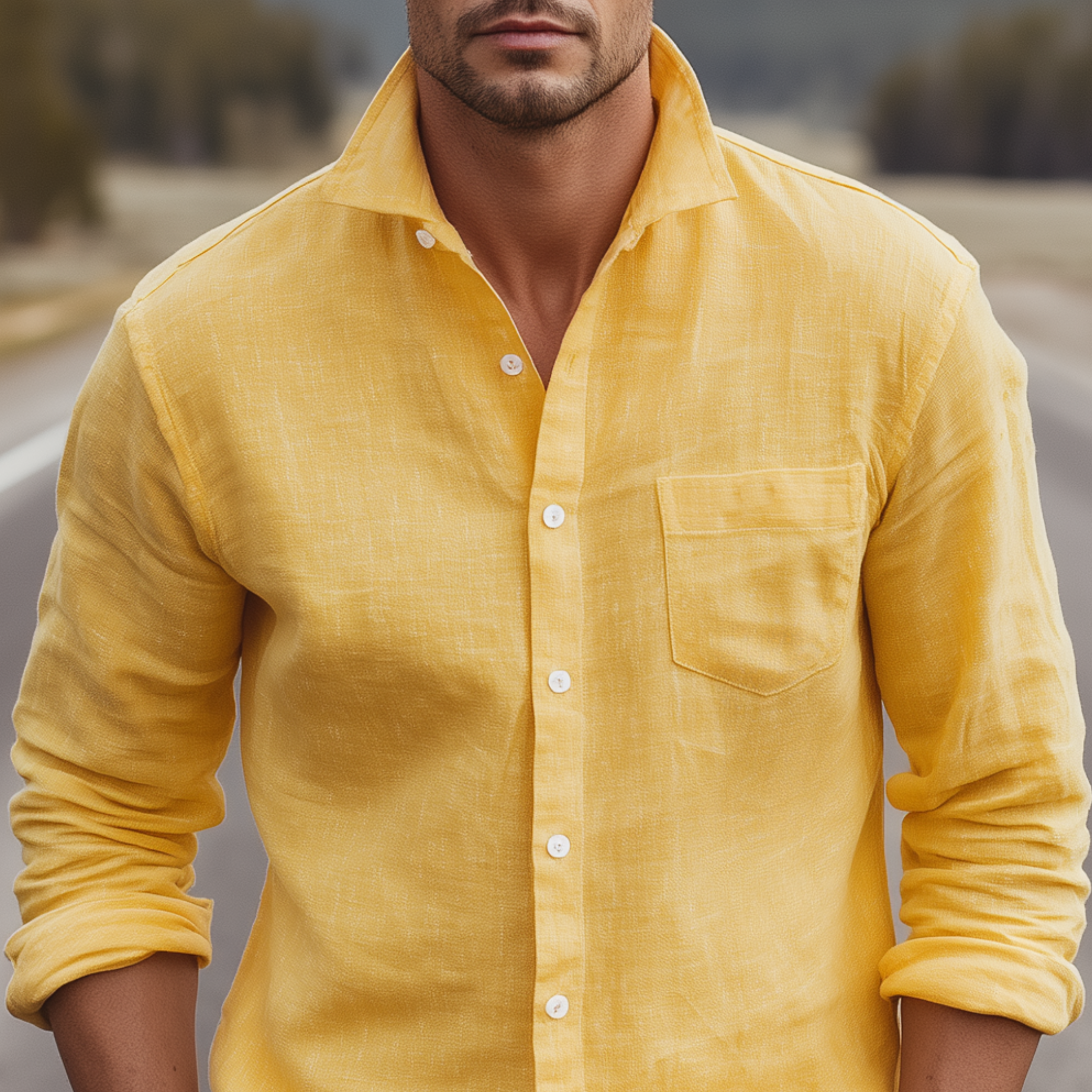 Men's Classic Casual Lapel Cotton And Linen Blend Slim Fit Long Sleeve Shirt MTA0428H7K