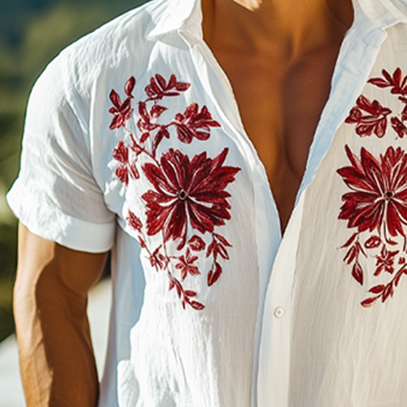 Men's Floral Embroidered Cotton Casual Short Sleeve Shirt MTA2523F6U
