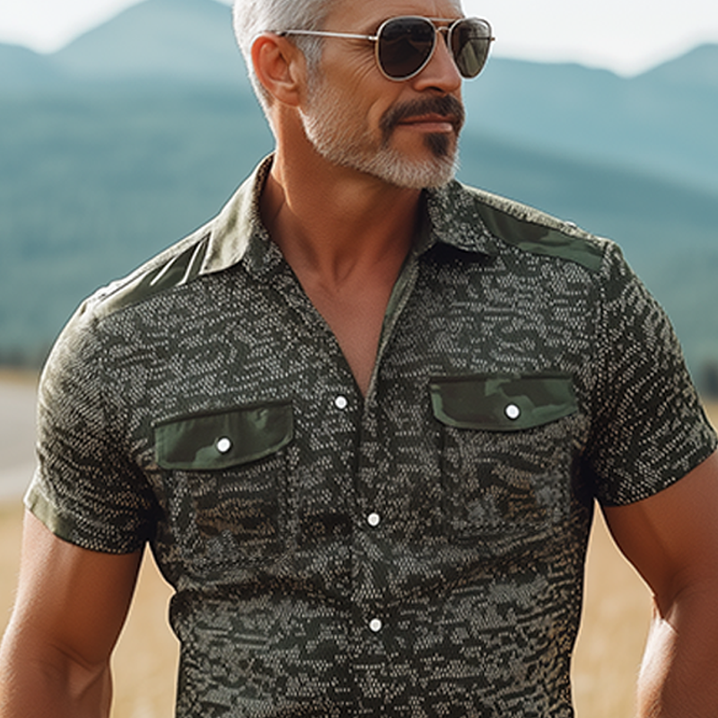 Men's Classic Retro American Western Camouflage Print Cotton Blend Multi-pocket Slim Fit Short-sleeved Pearl Snap Shirt MTA0564F7K