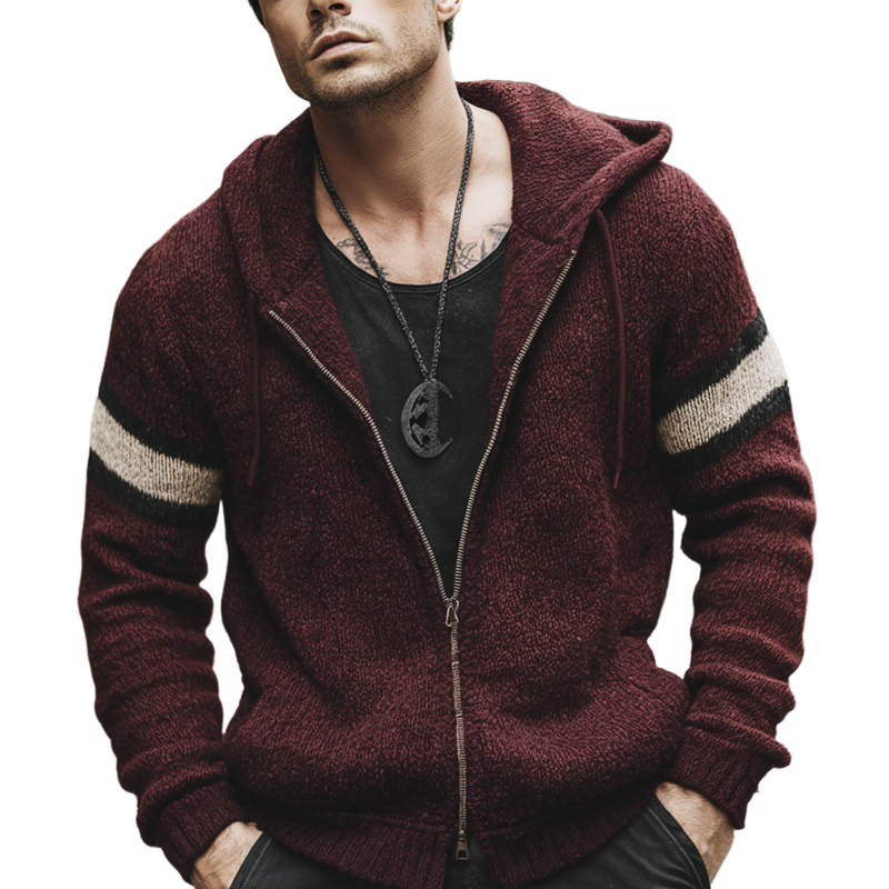 Men's Urban Casual Dark Red Hooded Knitted Zip-up Cardigan MTA0800L4U