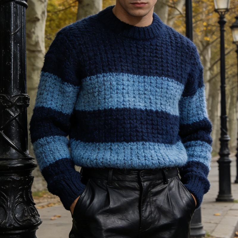 Men's Retro Casual Striped Knit Crew Neck Sweater MTA1534L2TO
