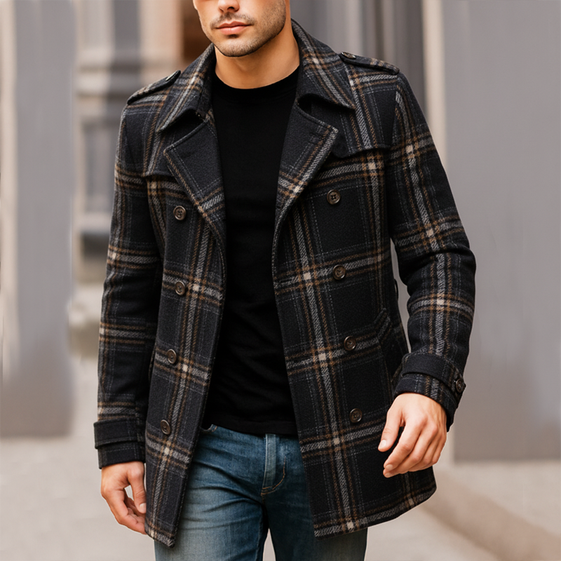 Men's Classic Double-Breasted Plaid Cropped Coat MTA0943J0U