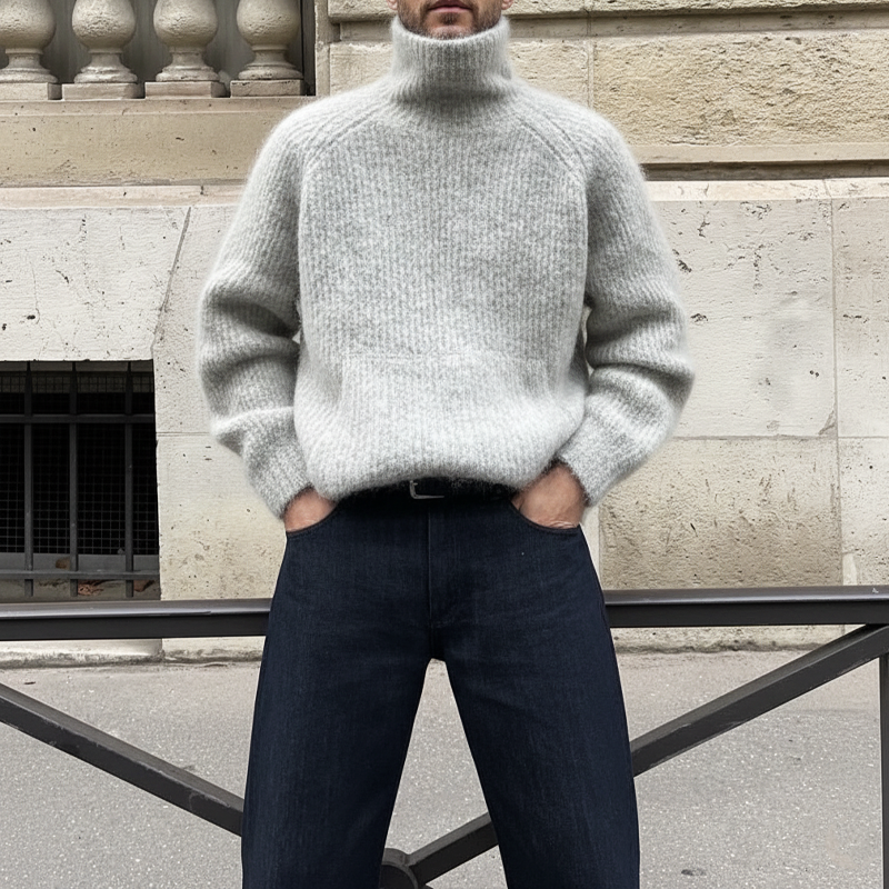 Men's Urban Casual Light Gray Turtleneck Knit Sweater MTA1004K0U