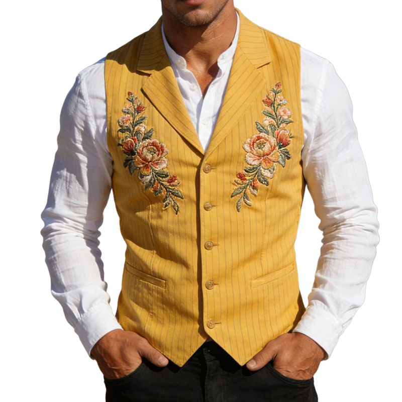 Men's Retro Casual Cotton Printed Striped Floral Embroidered Lapel Jacket MTZ1257A1TO