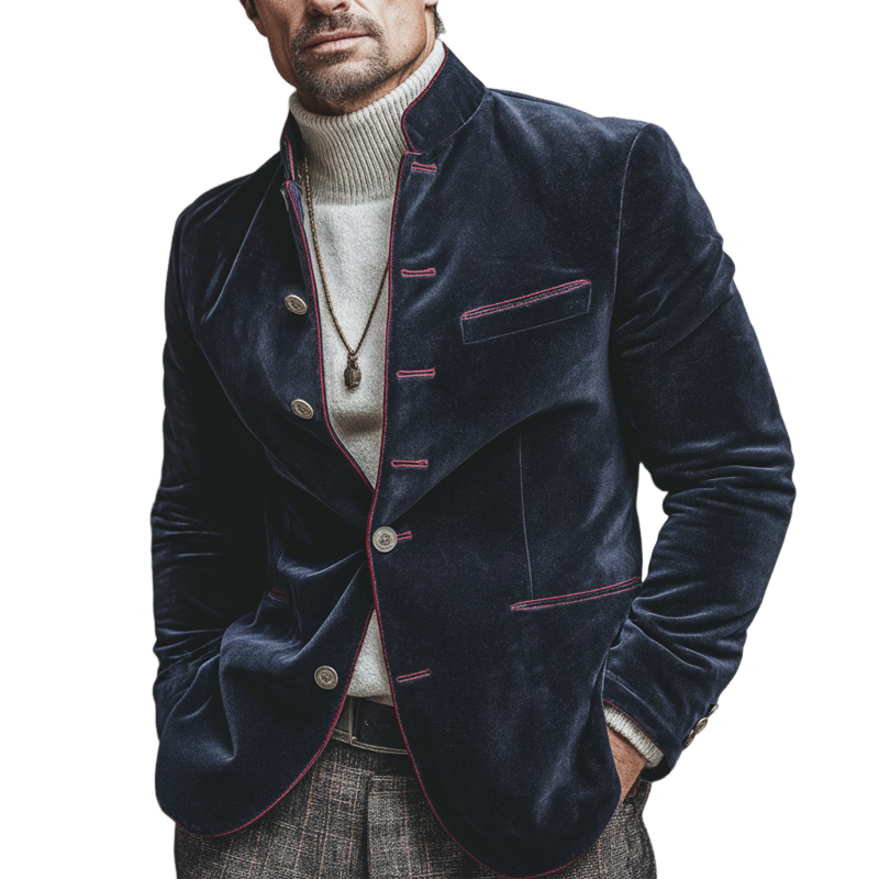 Men's Retro Business Stand Collar Velvet Embroidered Lines Slim Fit Jacket MTA2257L0U