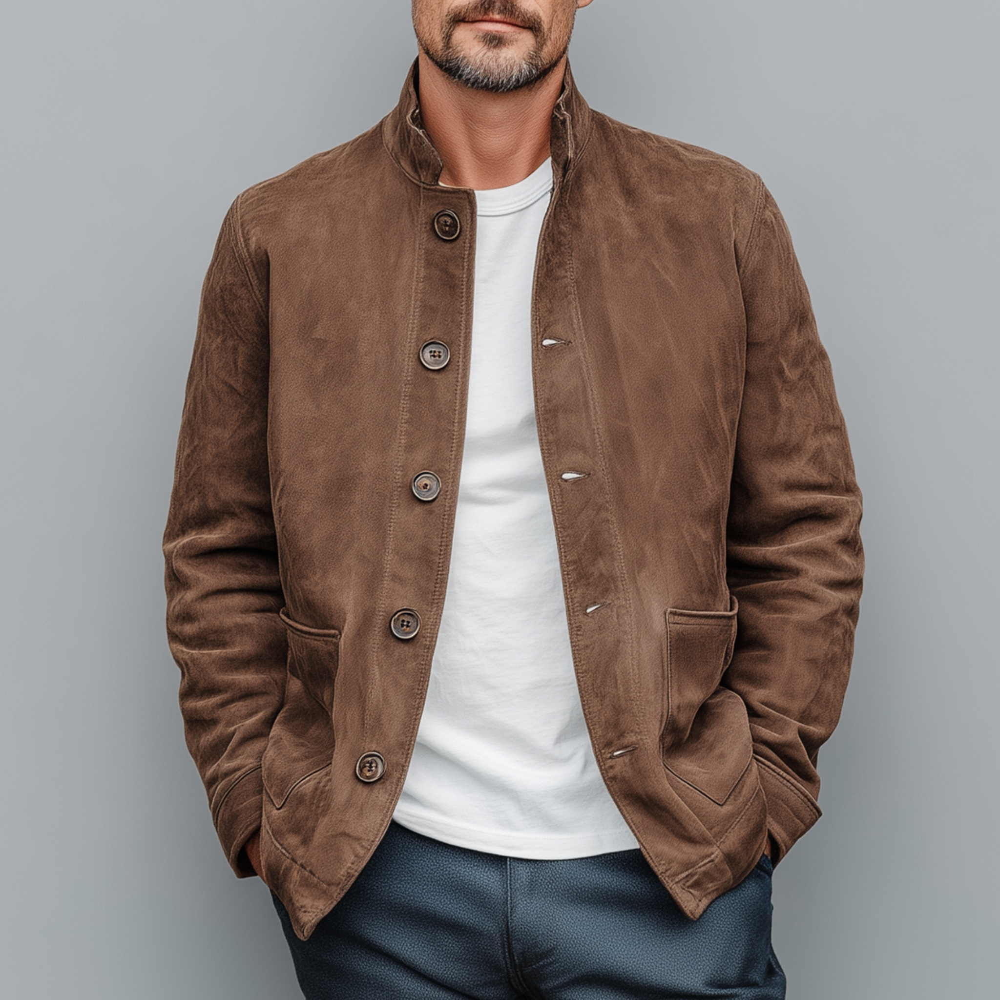 Men's Retro Casual Thin Suede Wooden Button Stand Collar Jacket MTA2517G7K