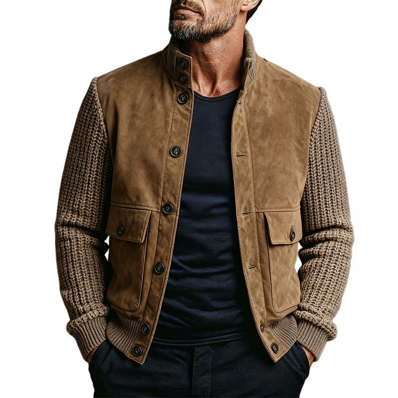 Men's Faux Suede Patchwork Knitted Sleeve Stand Collar Jacket MTA1146K6X