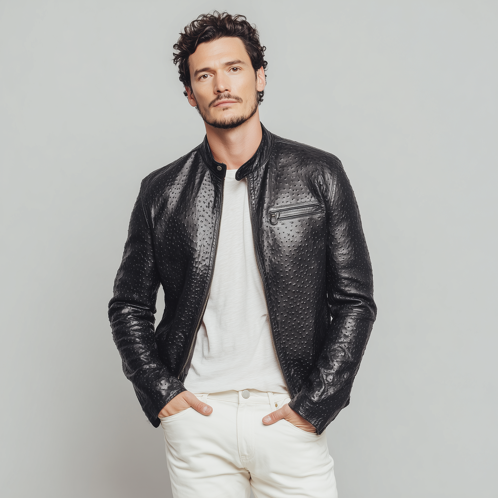 Men's Classic American Retro Stand Collar Textured PU Leather Slim Zipper Jacket MTA1647H3K