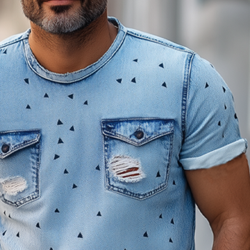 Men's Summer Ripped Denim Crew Neck T-Shirt MTA2477F7U