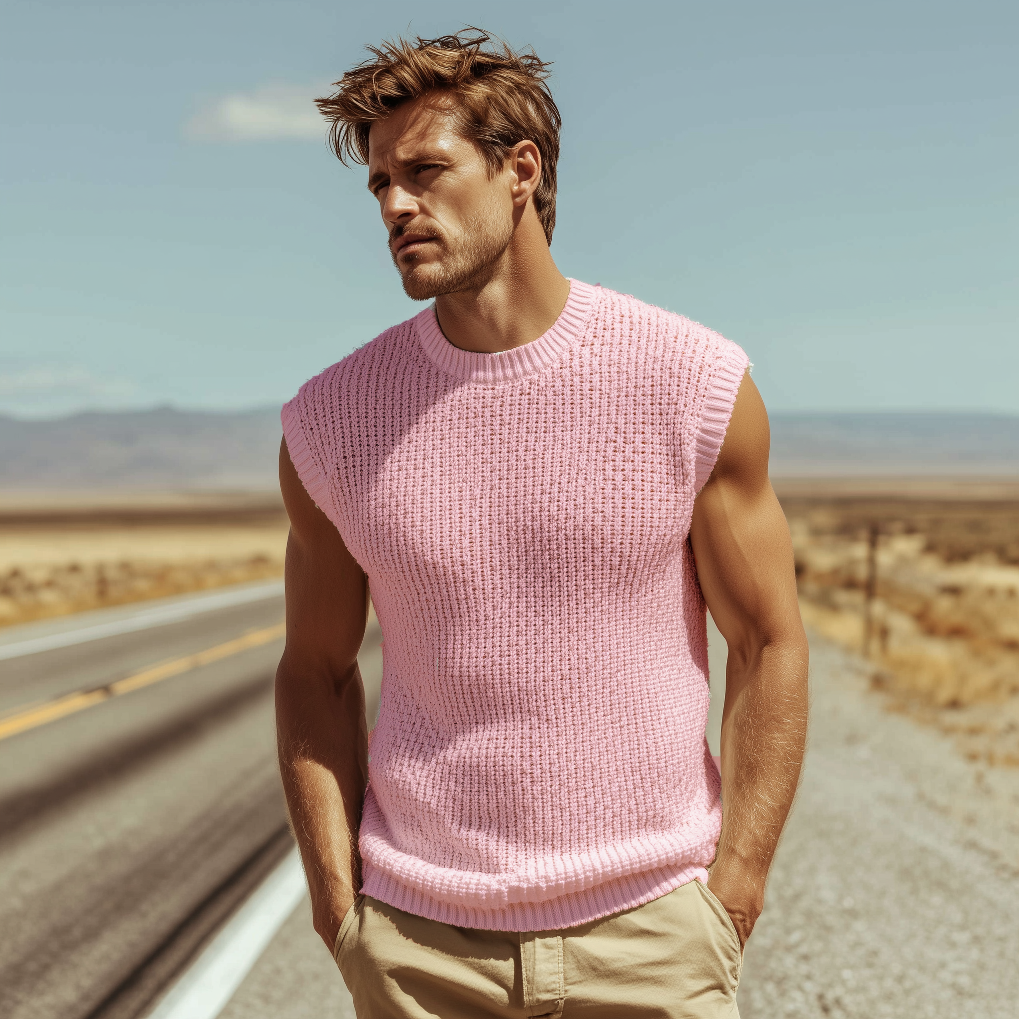 Men's Classic Casual Round Neck Knitted Hollow Slim Tank Top MTA2318G6K